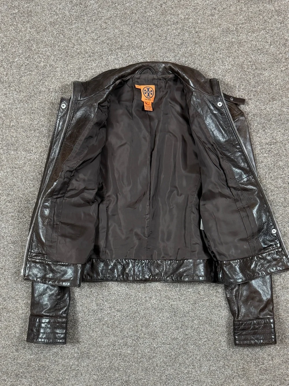 Tory Burch Brown Leather Moto Jacket Women’s Size 2 XS/S Buckle Funnel Neck Y2K